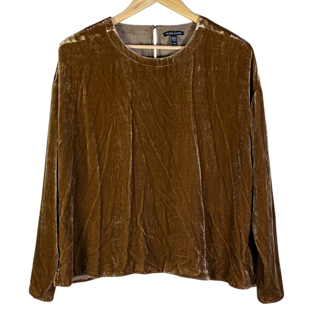 Eileen Fisher Silk Blend Velvet Boxy Top Bronze Brown Elegant Luxe Size M